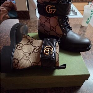 Gucci Black and Tan Monogram Ankle Boots